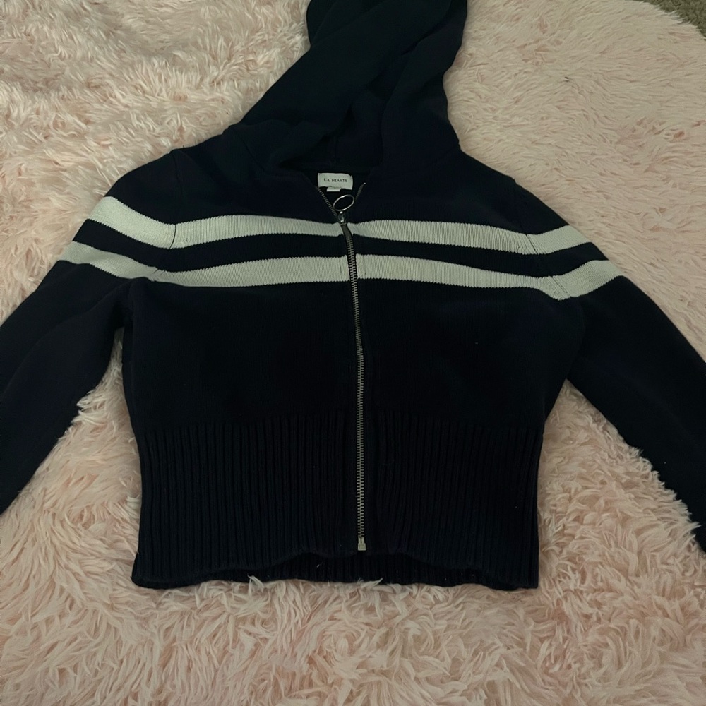 La Hearts White and Navy Blue Cardigan Sweater with Stripes